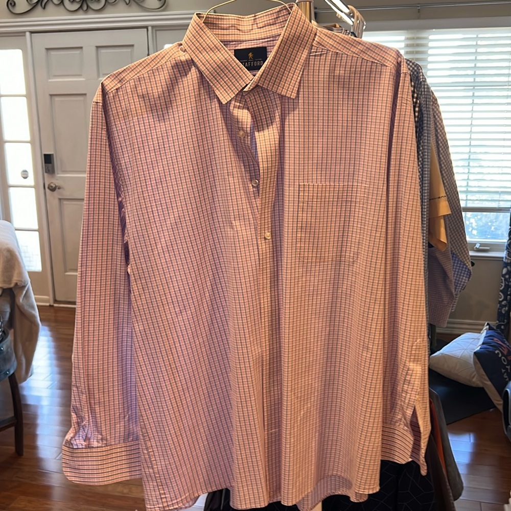 Stanford travel no iron dress shirt pink white blue 17x 34-35